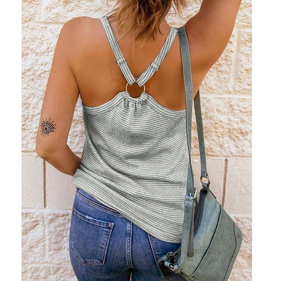 Striped Half Button Cami Tank Top - Picture 6 of 9